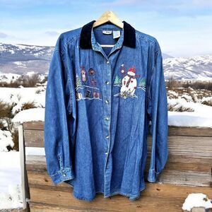 Vtg Denim Embroidered Novelty Christmas Shirt Sz 24W Snowman Velvet Collar